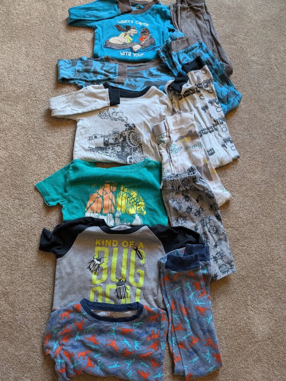 Lot! 6 sets of boy pajamas size 6. Pants shorts. Train, animal, bug, sports.